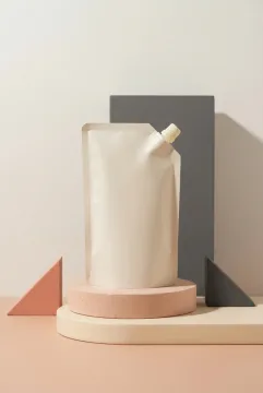 Blank refill pouch packaging mockup standing on layered geometric pedestals with coral, ivory, charcoal, and peach graphic shapes.