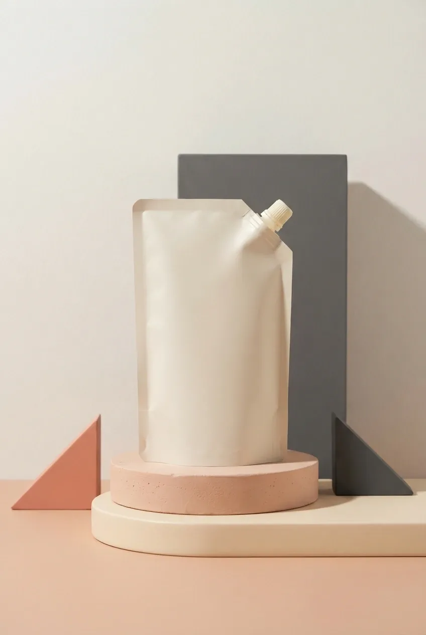 Blank refill pouch packaging mockup standing on layered geometric pedestals with coral, ivory, charcoal, and peach graphic shapes.
