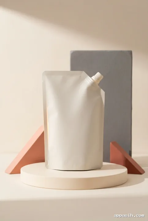 Blank refill pouch packaging mockup viewed from a closer three-quarter angle on coral, ivory, charcoal, peach, and terracotta geometric pedestals.