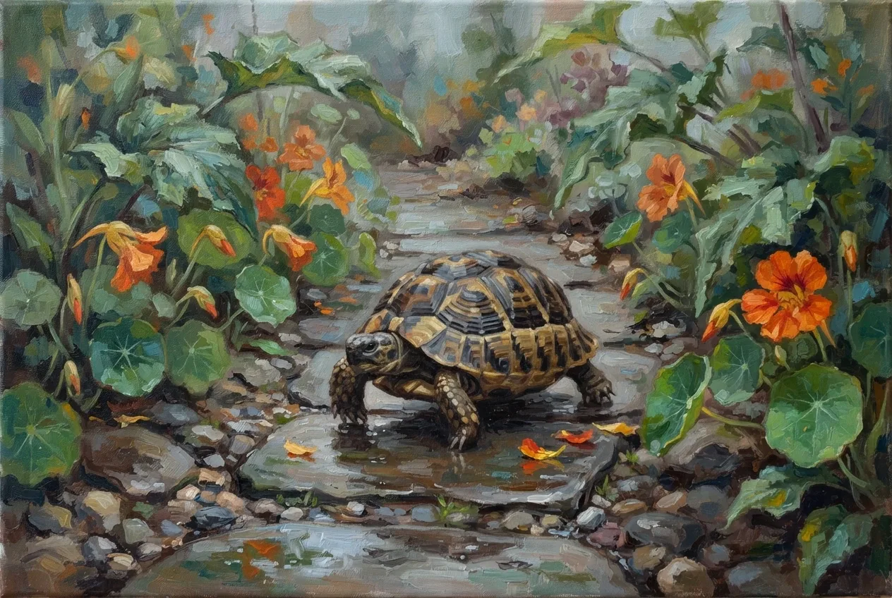 Acrylic painting of a small tortoise walking along a wet garden path among orange nasturtiums and broad green leaves after rain.