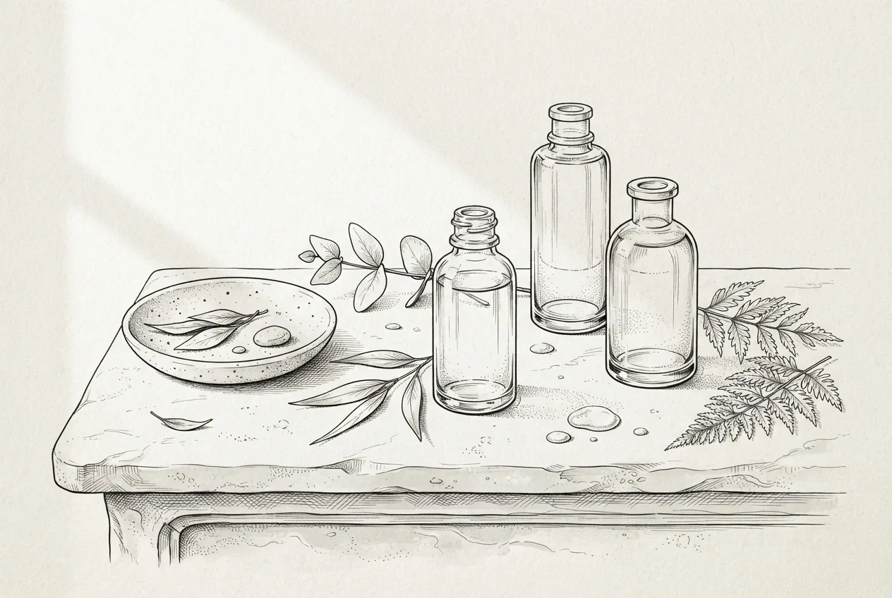 Ink drawing of three botanical cosmetic serum bottles with leaves and a ceramic dish arranged on a carved stone vanity.