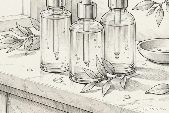 Detailed ink drawing of three unbranded botanical serum bottles, leaves, water droplets, and a ceramic dish on a stone vanity viewed from a closer three-quarter angle.