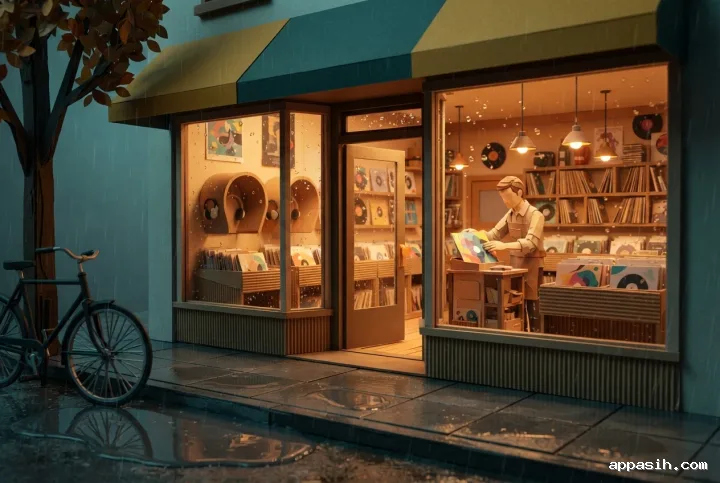 Closer three-quarter view of a layered papercraft retro record shop on a rainy evening, with a shopkeeper arranging vinyl records, a bicycle, glowing windows, and textured paper puddles.