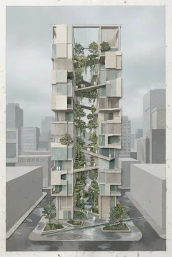 Portrait mixed media collage of a rain garden atrium tower with cascading greenery, translucent facade panels, elevated walkways, and layered paper textures.