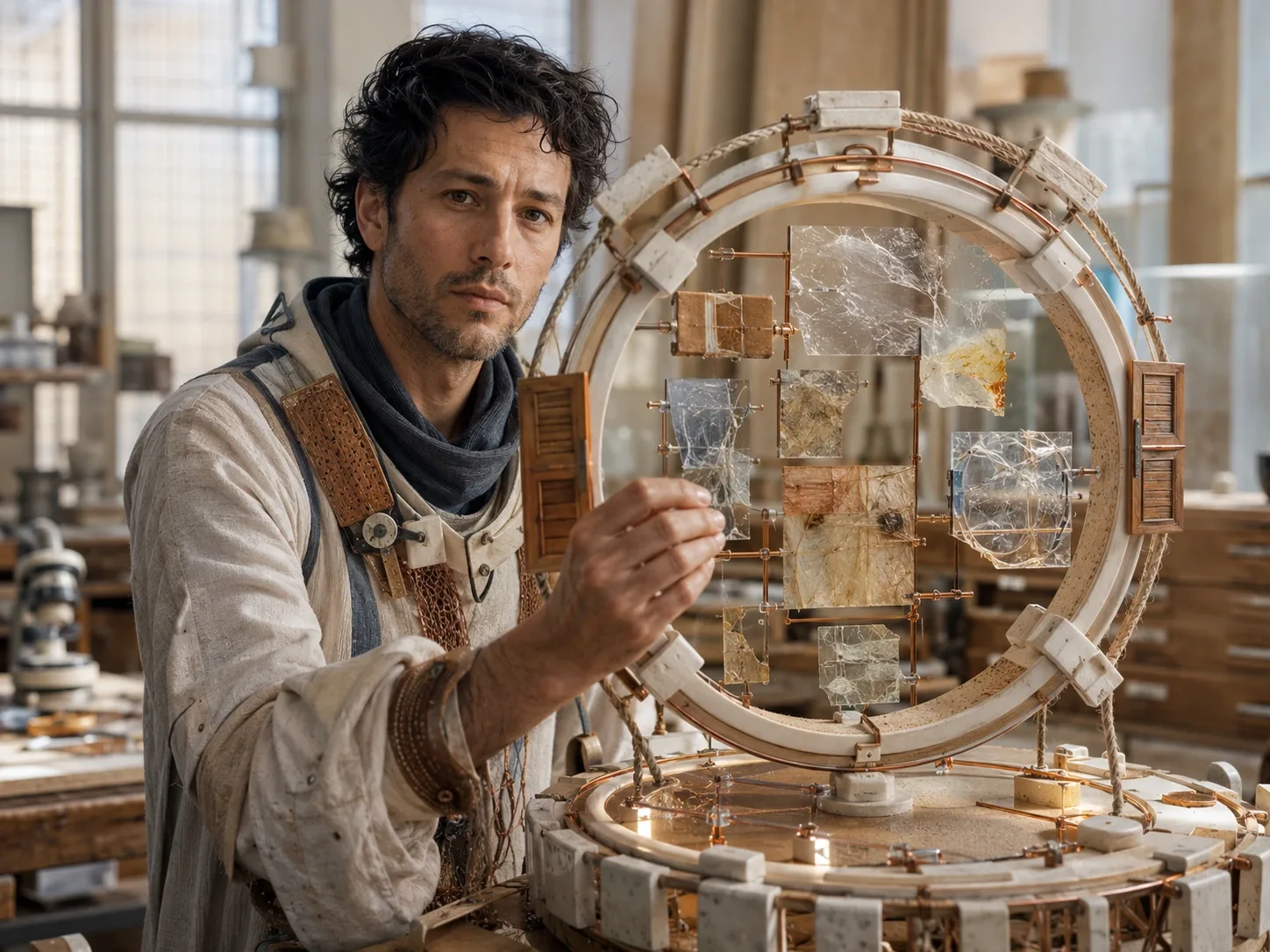 Anonymous synthetic reality evidence conservator examining translucent media fragments inside a handcrafted validation frame in a bright civic verification workshop.