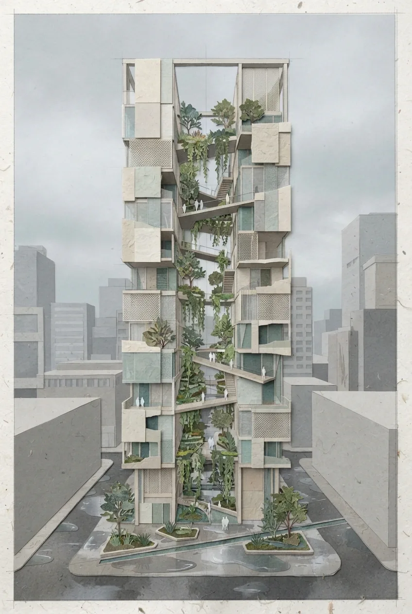Portrait mixed media collage of a rain garden atrium tower with cascading greenery, translucent facade panels, elevated walkways, and layered paper textures.