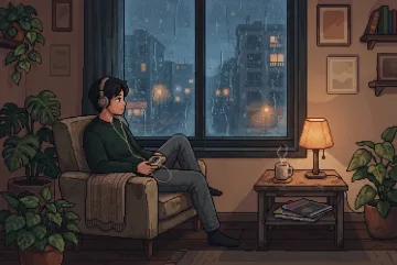 Retro pixel art scene of a young adult listening to a portable cassette player in a cozy apartment beside a rain-streaked window and warm table lamp.