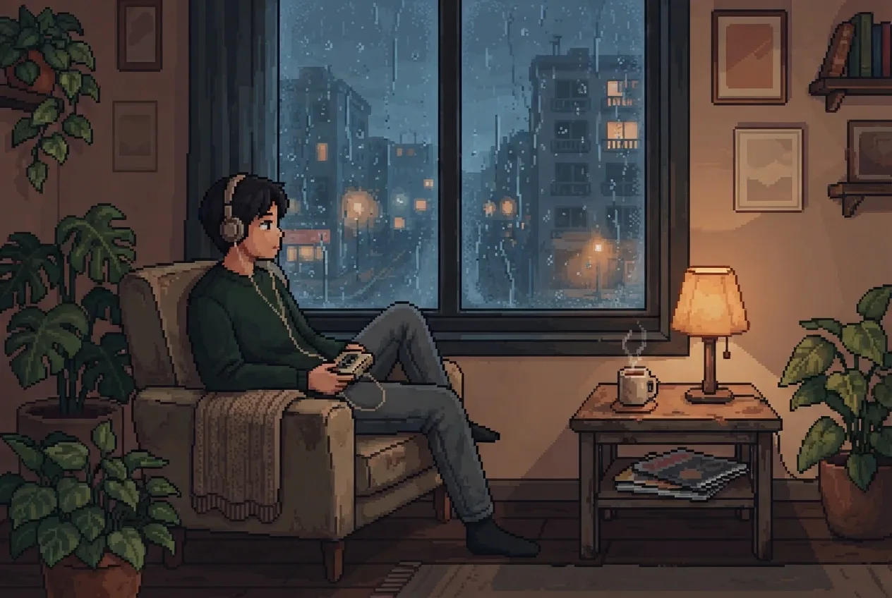Retro pixel art scene of a young adult listening to a portable cassette player in a cozy apartment beside a rain-streaked window and warm table lamp.