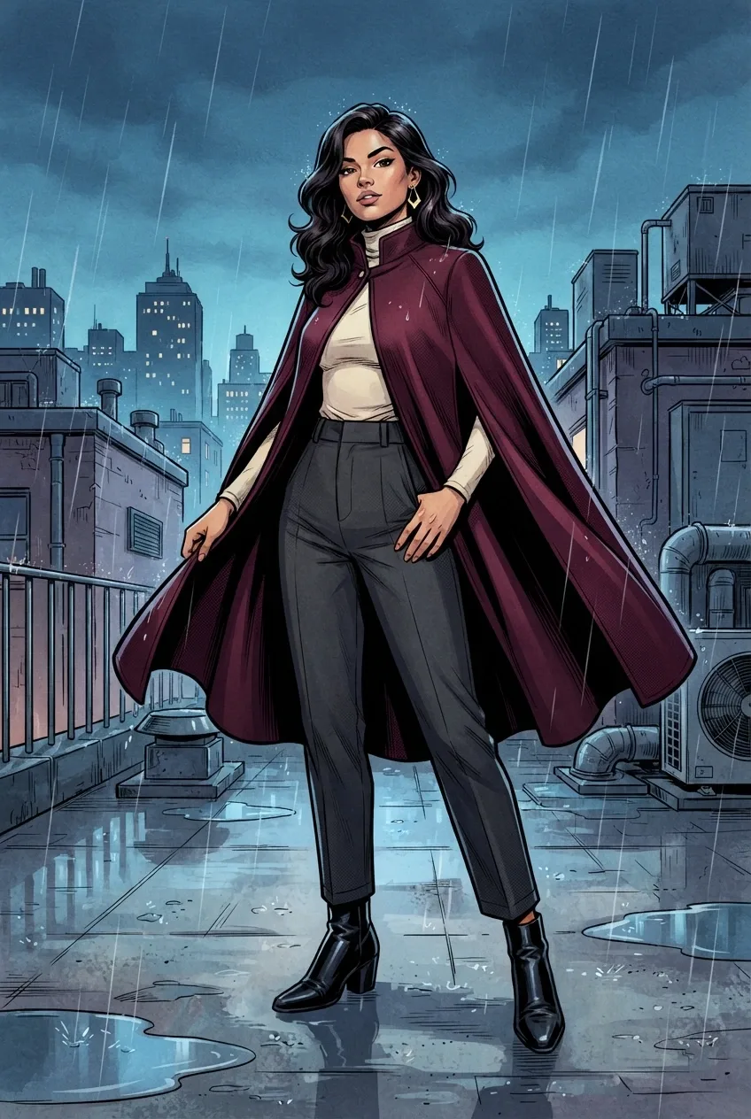 Young woman in a burgundy tailored cape and charcoal trousers posing on a rainy urban rooftop in Cartoon Comic Book style.