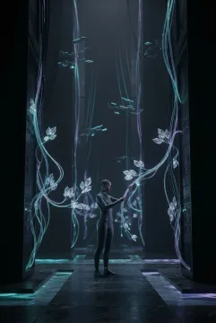 Surreal data gardener tending glowing fiber-optic vines among towering server columns in a bioluminescent computing atrium.