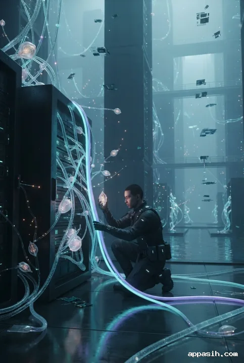 Low three-quarter view of a surreal data gardener inspecting a glowing crystalline node among fiber-optic vines in a towering bioluminescent server atrium.