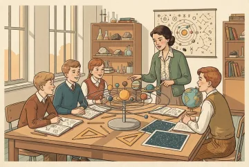 Retro illustration of students learning astronomy around a tabletop solar system model in a warm classroom with star charts and notebooks.