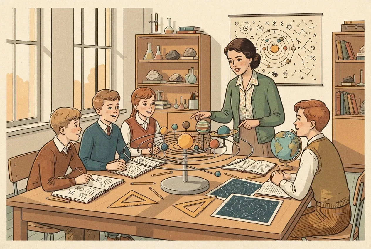 Retro illustration of students learning astronomy around a tabletop solar system model in a warm classroom with star charts and notebooks.