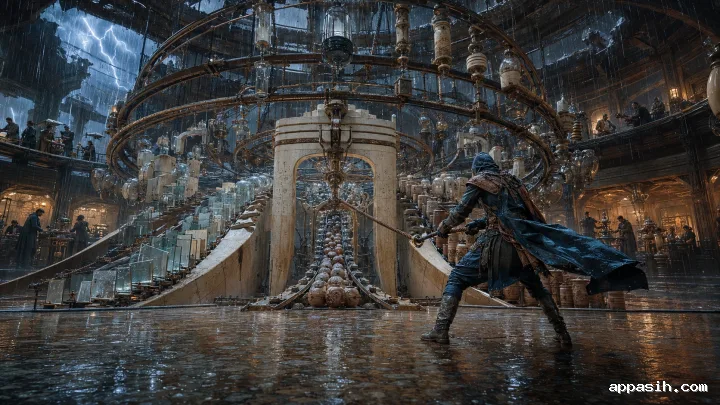A synthetic reality evidence conservator operates a monumental physical authenticity network inside a flooded archive during a violent midnight thunderstorm as citizens observe from elevated platforms.
