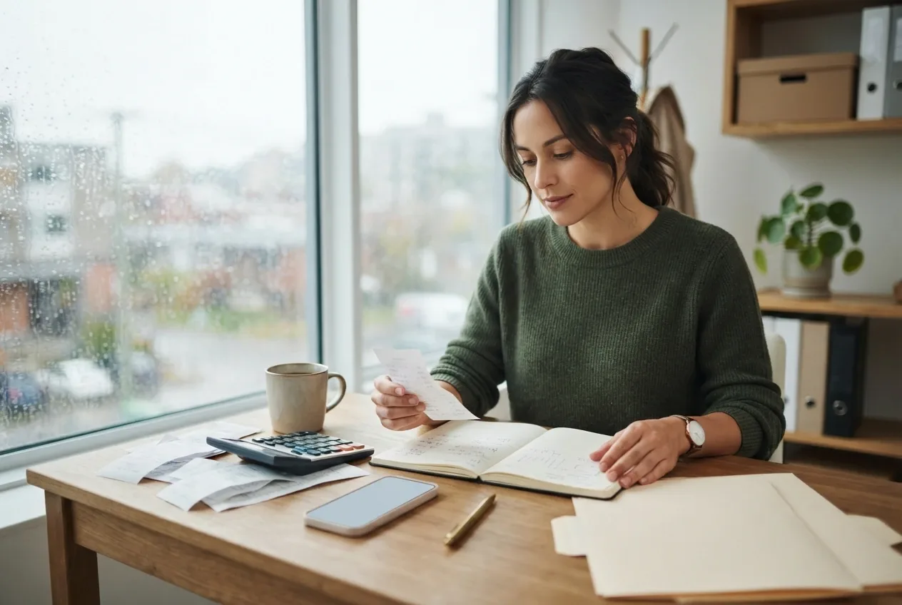 Small business owner reviewing cash flow, receipts, and expenses at a wooden office desk beside a rain-covered window.