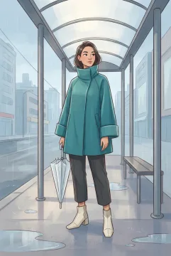 Cartoon young adult model wearing a sculptural teal raincoat, cropped charcoal trousers, and geometric ankle boots at a rainy covered tram stop.