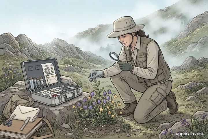 Botanical field researcher character using a magnifying lens on alpine plants beside scientific field equipment in a graphic scientific illustration.