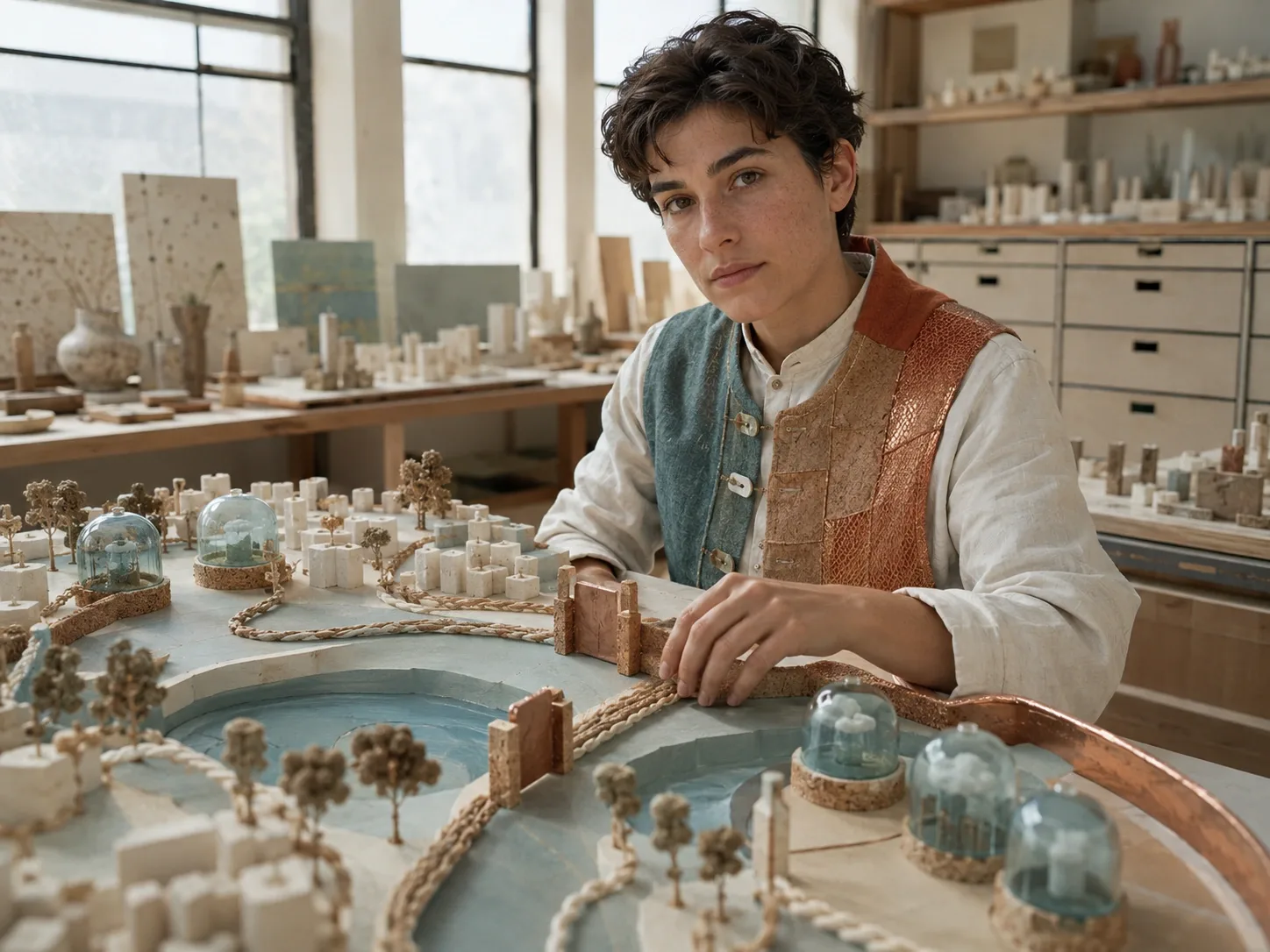 Anonymous civic surveyor adjusting a handcrafted physical model that separates a miniature neighborhood from an autonomous predictive simulation.