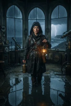 Storm lantern courier carrying a brass capsule through a flooded coastal observatory on a rainy cinematic night.