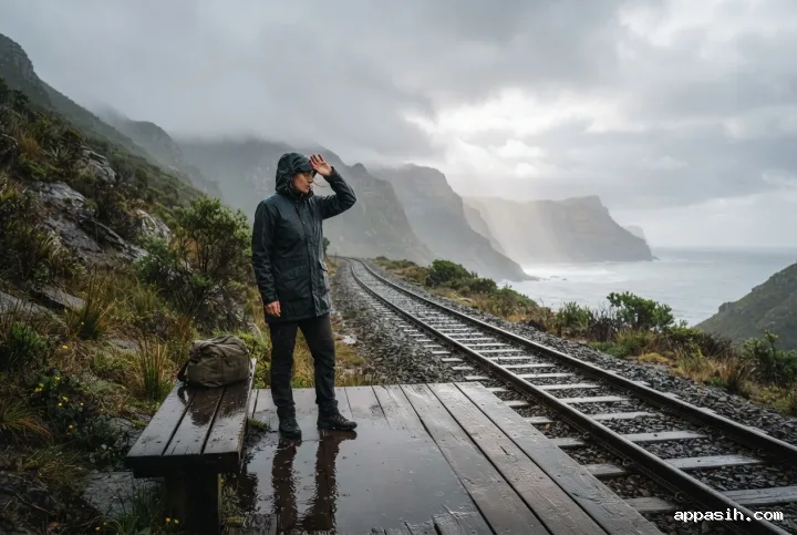 Traveler shielding their face from light rain at a cliffside train stop overlooking the same misty coastal valley, curving railway tracks, sea cliffs, and gray ocean.