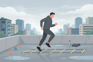 Flat 2D illustration of an athlete doing agility ladder drills on a rain-damp urban rooftop with cones and a water bottle.