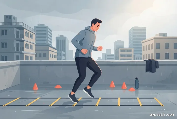 Flat 2D illustration of an athlete stepping through an agility ladder on a wet city rooftop during focused fitness training.