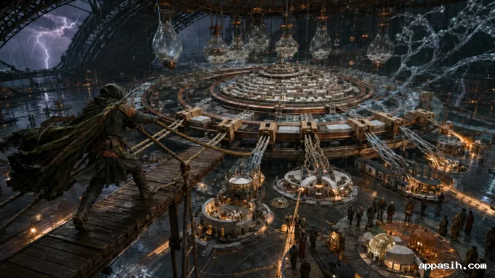 A civic boundary surveyor pulls suspended cables inside a storm-battered planetarium to disconnect an autonomous simulated city from real community infrastructure.