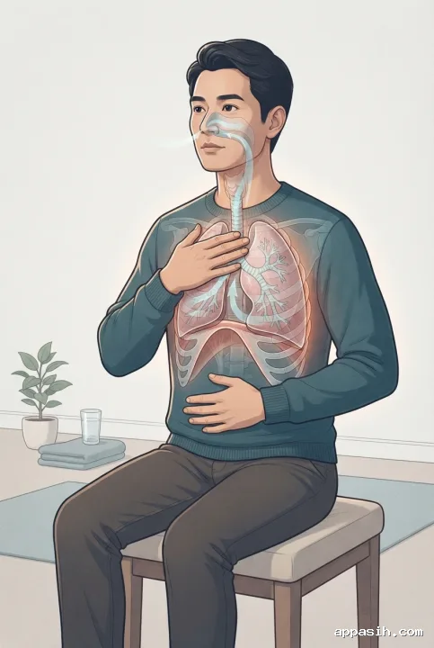 Detailed graphic scientific illustration of diaphragmatic breathing with a closer three-quarter view of a seated person, expanded translucent lungs, lowered diaphragm, and visible airflow pathways.