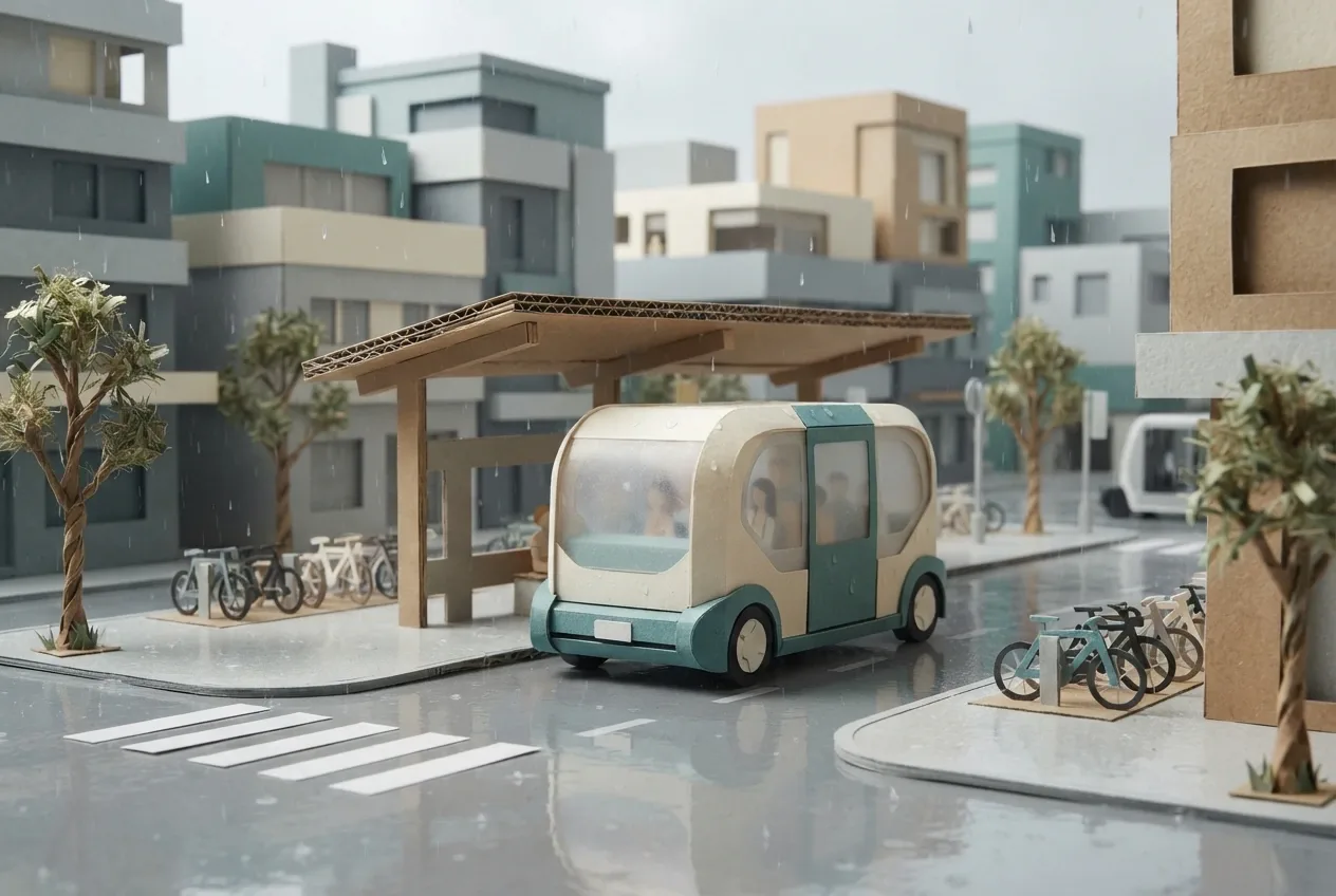 Papercraft electric shuttle arriving at a rainy urban mobility hub with bicycle parking, layered paper shelters, wet streets, and modern city buildings.