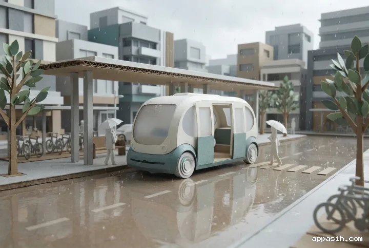 Closer papercraft view of an electric shuttle opening its doors at a rainy urban mobility hub as commuters approach near bicycle parking and layered paper shelters.