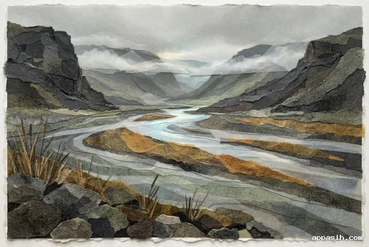 Closer three-quarter view of a braided river and amber reed islands in the same misty basalt valley, assembled from torn handmade paper, translucent vellum, charcoal, stitched fibers, and mineral pigments.