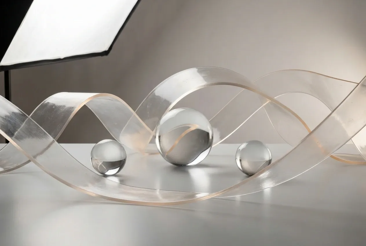 Translucent resin ribbons curve around clear glass spheres on a reflective studio surface with soft amber highlights and controlled shadows.