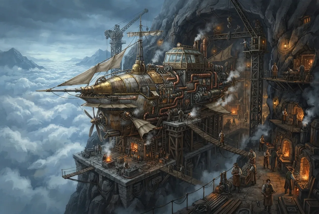 Steampunk brass skyship undergoing repairs in a cliffside mechanical dock above a glowing sea of clouds.