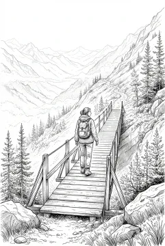Line art of a backpacking traveler crossing a wooden footbridge above a misty mountain valley with pine-covered slopes and layered distant ridges.