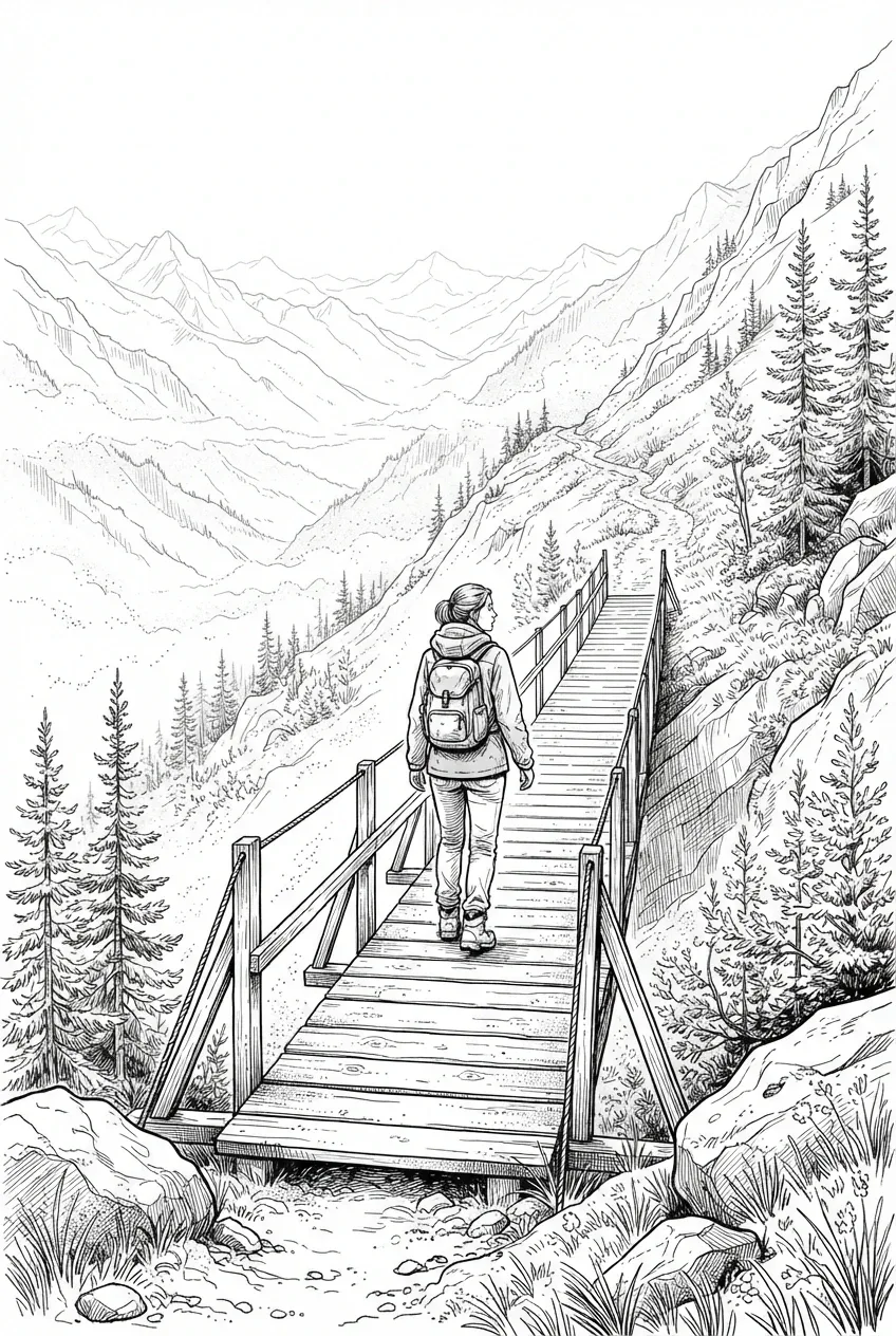 Line art of a backpacking traveler crossing a wooden footbridge above a misty mountain valley with pine-covered slopes and layered distant ridges.