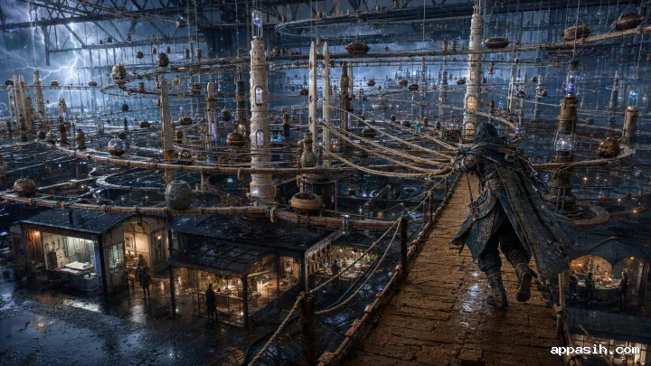 AI orchestration steward pulling control lines to isolate runaway autonomous task pathways inside a storm-filled abandoned airport sorting hall.