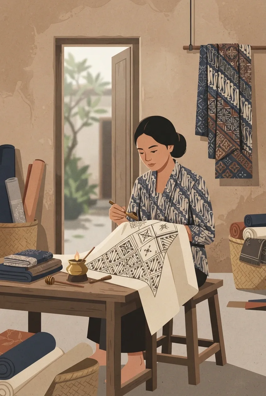 Minimalist graphic illustration of a batik artisan using a canting tool beside patterned cloth and a small wax vessel in a traditional textile workshop.