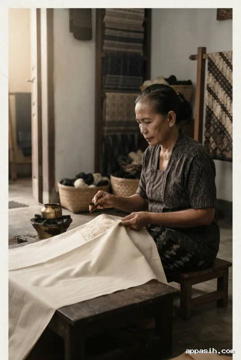 Minimalist graphic portrait of a batik artisan seen from a closer three-quarter angle while guiding a canting tool over geometric cloth motifs in a quiet traditional workshop.