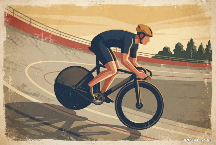 Track cyclist powering through the bank of an outdoor velodrome from a low three-quarter angle in a Retro Vintage Poster style with halftone shading and worn screen-print texture.