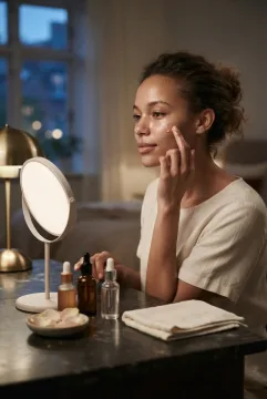 Cinematic portrait of a woman applying rosewater facial serum at a dark-stone vanity with glass cosmetics and soft evening light.
