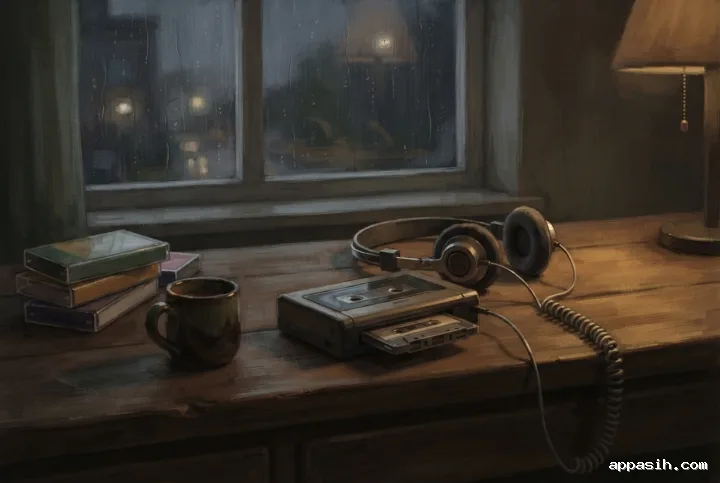 Detailed digital painting of the same rainy cassette listening corner, showing a portable cassette player and wired headphones closer in the foreground with warm lamp light and a blue-gray rain-streaked window behind.