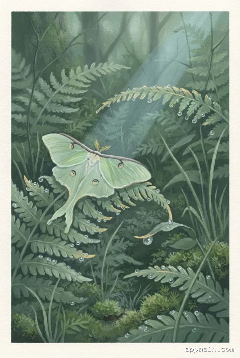 Detailed gouache painting of a pale green moon moth on a dew-covered forest fern viewed from a slightly lower angle at dawn.
