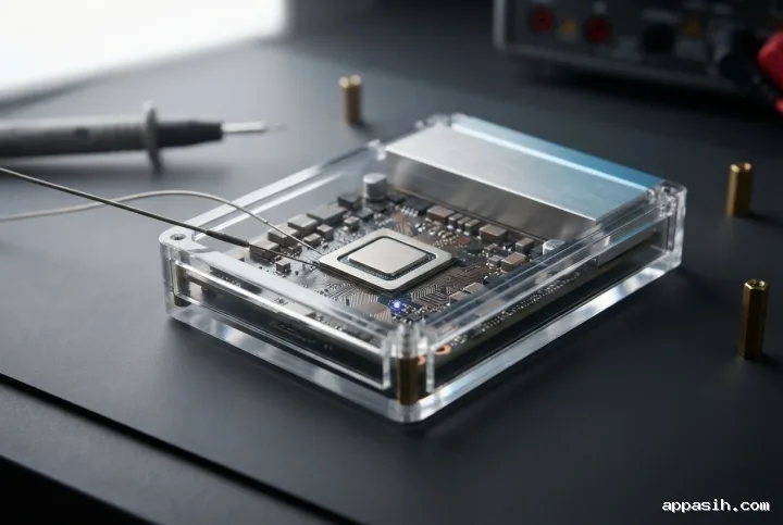 Close three-quarter studio view of a transparent edge AI processor revealing detailed microcircuits on a precision electronics test bench.