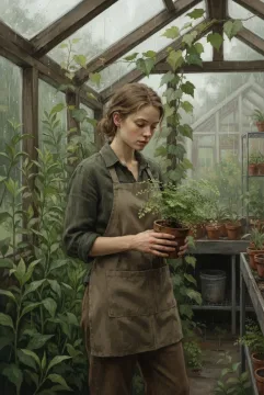 Digital painting portrait of a young botanist holding a potted fern inside a rainy glass greenhouse filled with lush green plants.