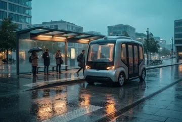 Cinematic autonomous electric shuttle arriving at a rainy modern urban transit hub with commuters, wet pavement reflections, and smart mobility infrastructure.