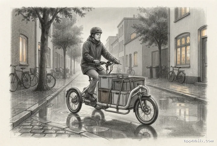 Detailed pencil sketch of the same electric cargo tricycle steering around a puddle in a rainy urban delivery lane, with reusable crates, bicycles, trees, and wet street reflections.