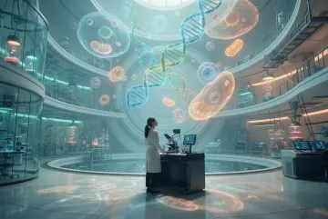 Surreal biomedical scientist observing floating DNA helices and giant cellular structures inside a luminous laboratory observatory.