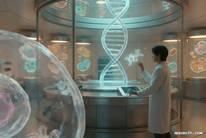 Surreal three-quarter view of a biomedical scientist examining luminous floating DNA helices and translucent giant cells in a futuristic laboratory observatory.