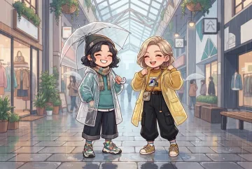 Chibi streetwear duo in oversized translucent raincoats posing beneath a rainy covered fashion arcade with wet pavement reflections.
