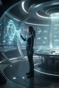 Futuristic treasury analyst reviewing holographic capital-flow and risk visualizations inside a sci-fi financial control room.